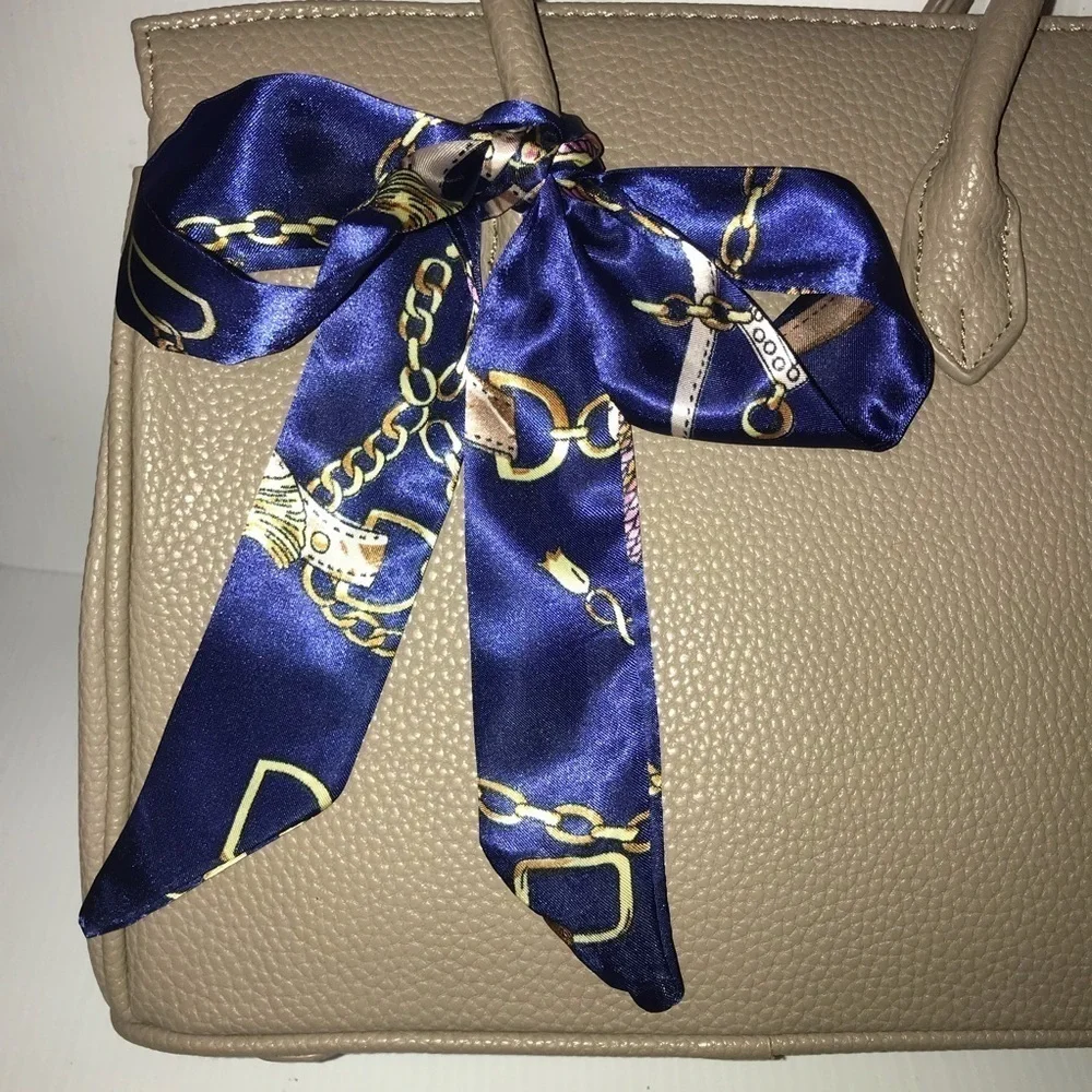 Twilly Silk Handbag Headband Neck Tie Scarf. Blue Navy Gold Good pair w/ Dior